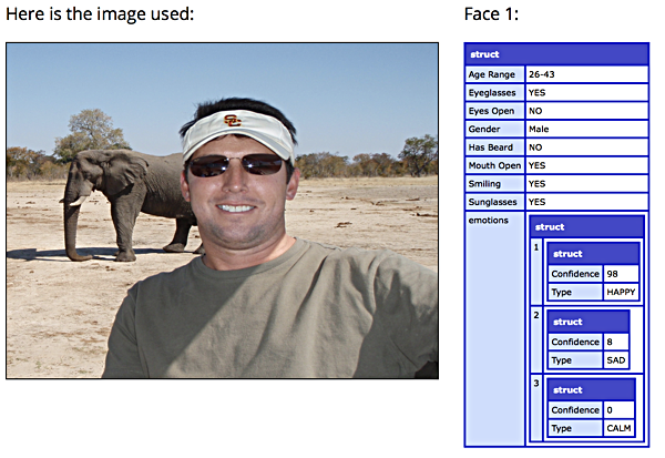 Sample result set from Rekognition's facial sentiment anlysis function